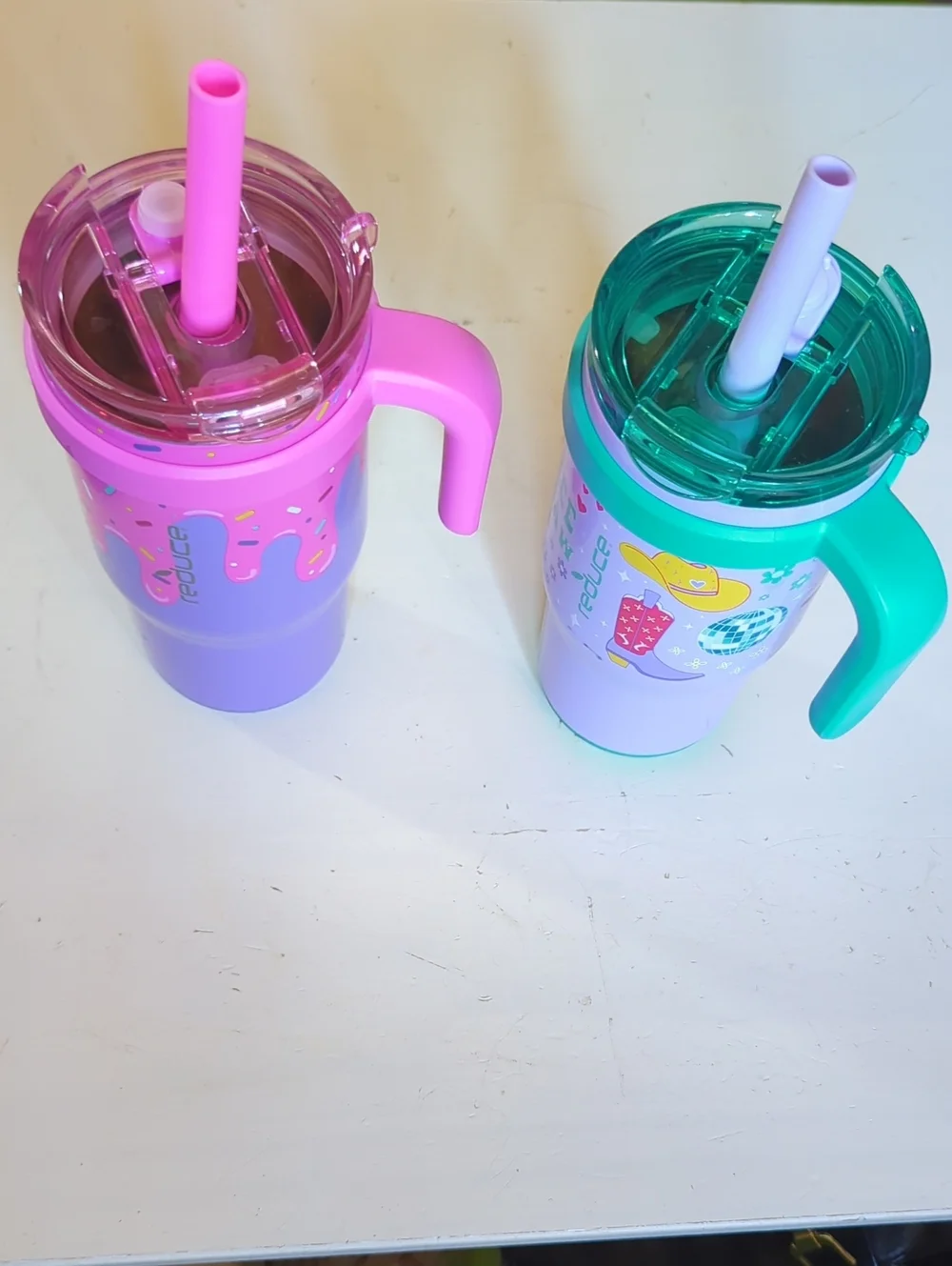 Kids Dual-Color Straw Cup with Handle — Pink & Teal
